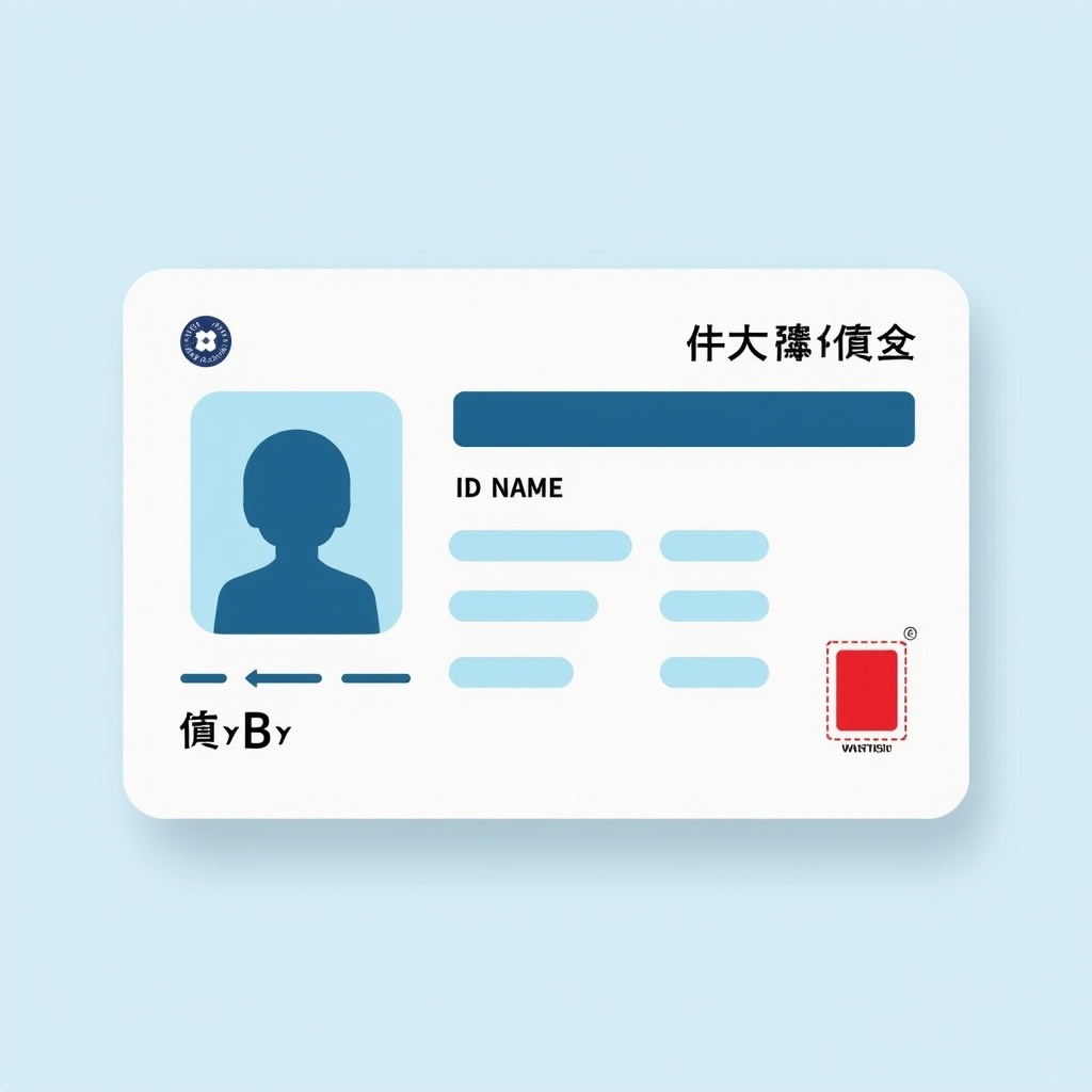 Design for an ID card. Card divided into sections for photo and identification information. Clean layout featuring blue and white colors. Text formatted for clarity with fields for name and ID number.