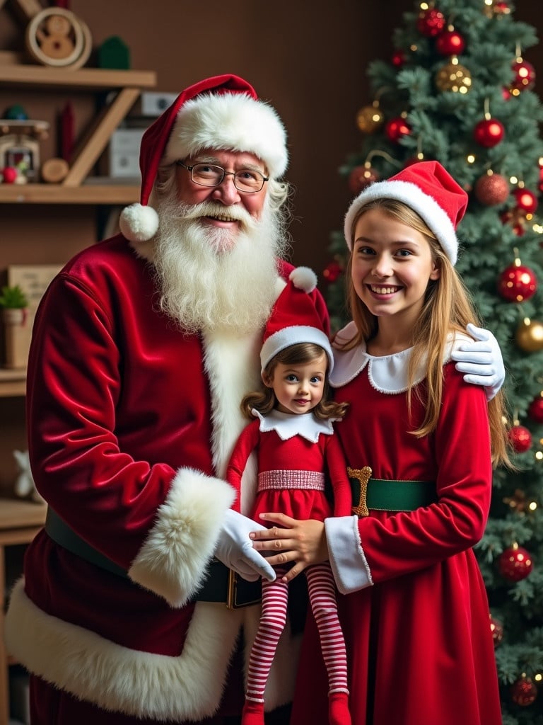 Image depicts Santa Claus with two children in red dresses beside a Christmas tree inside a toy workshop. Santa wears a traditional red outfit while children hold a doll. Background displays holiday decorations.