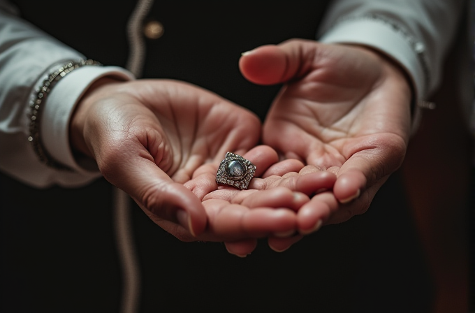 A person holds a shiny ring in their open hands, highlighting its intricate design.