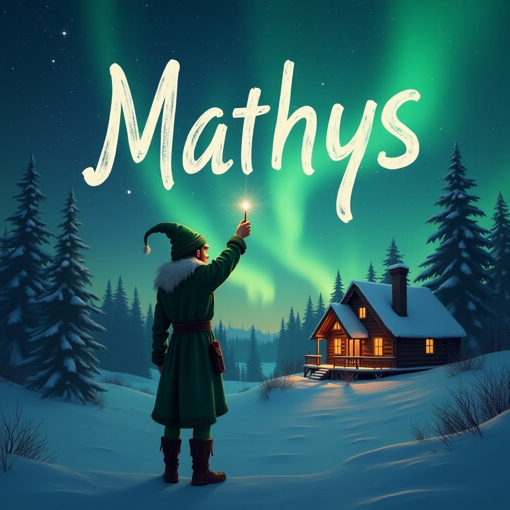 Elf stands with back to viewer. Elf writes name in the air using a wand. Background features magical northern lights and a cozy cabin. Name Mathys inscribed in the sky.