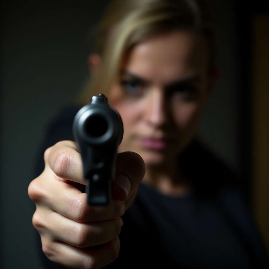 A dramatic close-up of a person aiming a gun at the viewer. The focus is on the muzzle of the gun, creating a sense of urgency and danger. The background is dimly lit, which enhances the tension in the scene. The person holding the gun appears fierce and determined, making the viewer feel the intensity of the moment. This image conveys themes of suspense and confrontation.