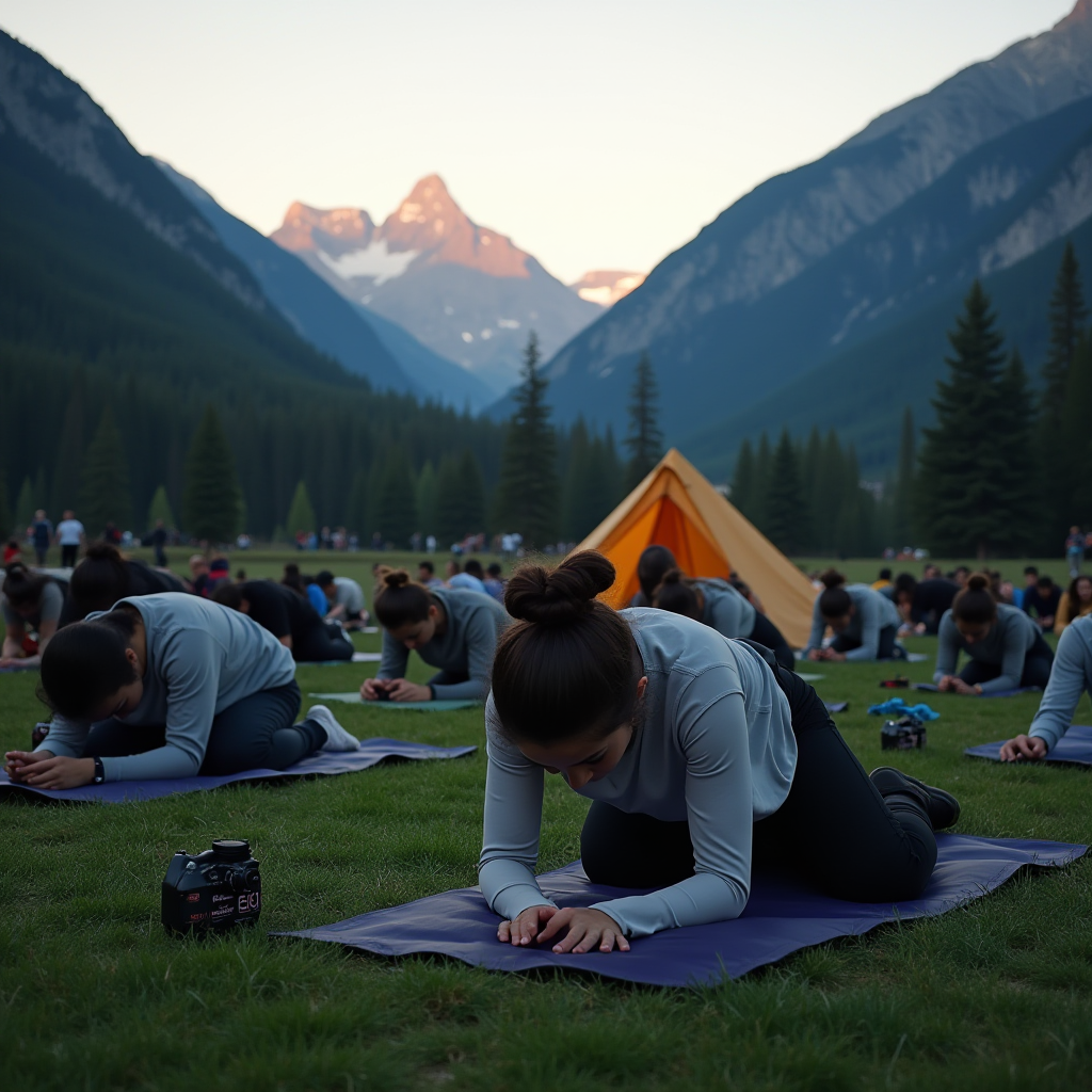 A group of people practice yoga on mats in a scenic valley with mountains in the background.