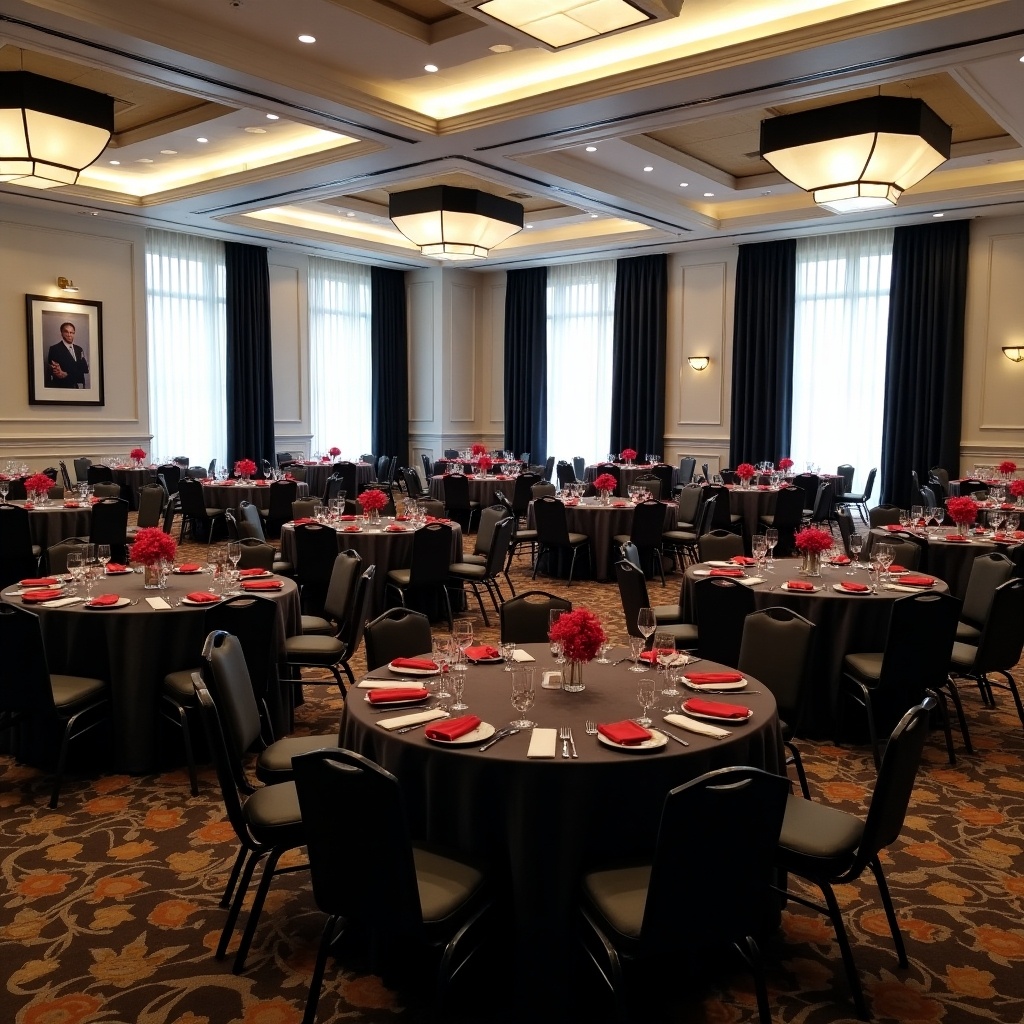 The image showcases a beautifully arranged banquet room featuring 90 round tables with charcoal grey linens. Each table is adorned with red napkins, adding a vibrant touch. Floral centerpieces complement the elegant setup, creating a warm and inviting atmosphere. Large floor-to-ceiling windows allow natural light to flood the room, enhancing its elegance. Additionally, the walls display large black and white photos celebrating African American graduates, highlighting achievements and diversity in education.