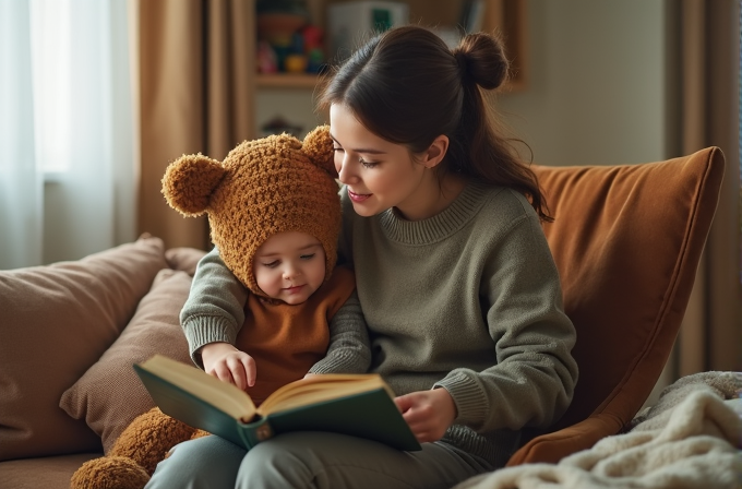 A woman and a child in a bear costume are sitting together on a couch, reading a book in a warmly lit room.