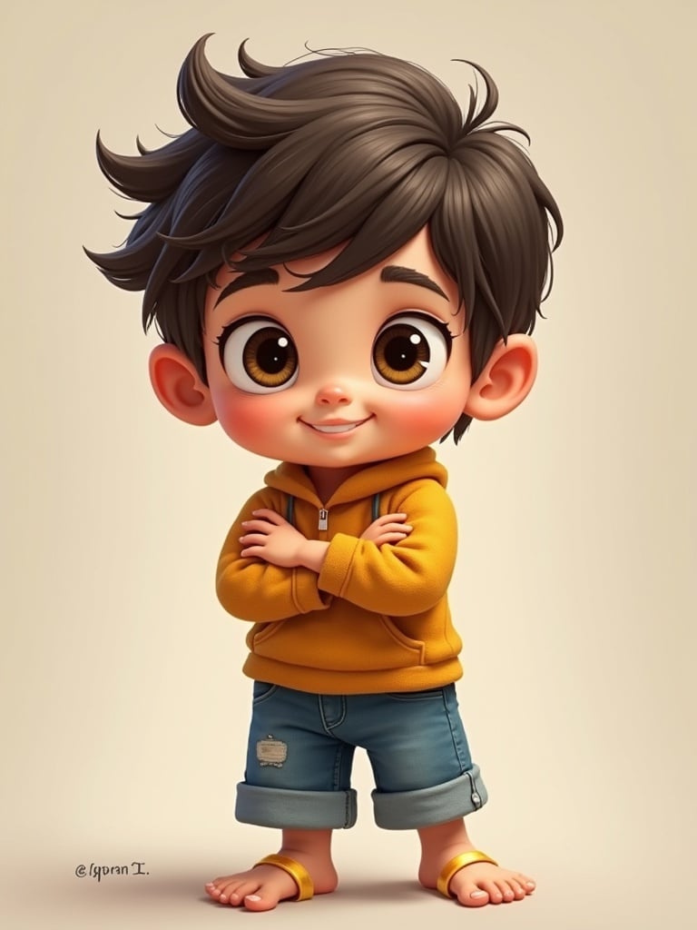 A cartoon boy with a short messy hairstyle. Boy has a confident stance with arms crossed and is wearing a yellow hoodie with blue shorts. He has bare feet and is set against a plain background.