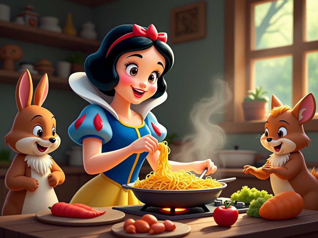 In a cozy kitchen setting, a princess with a blue and yellow dress is joyfully cooking spaghetti while surrounded by a pair of animated, cheerful rabbits. The scene conveys a warm, inviting atmosphere with ingredients like a carrot, tomato, and broccoli scattered around. Sunlight streams in through a window, illuminating the happy gathering of friends in this animated culinary adventure.