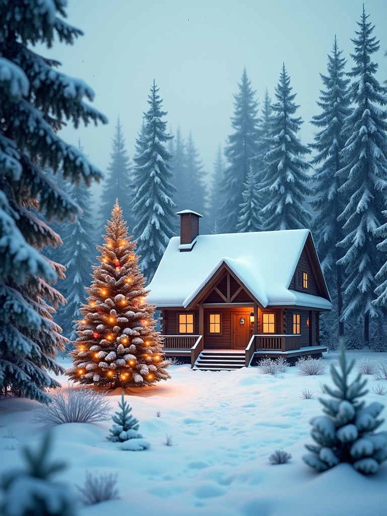 Cozy cabin surrounded by snow-covered pine trees. Brightly decorated Christmas tree stands nearby. Soft light shines from cabin windows. Winter landscape filled with snow.