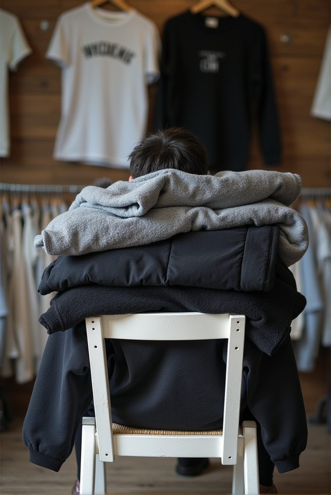 A person is seen from behind, seated in a chair with multiple folded sweatshirts draped over them, surrounded by hanging shirts.