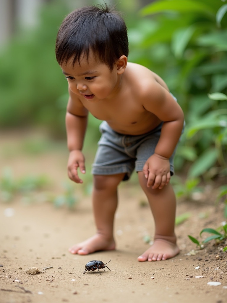 A shirtless young boy kneels on a dirt path. He observes a small bug closely. Surrounding him is lush greenery. The setting is outdoors. he appears playful and curious.