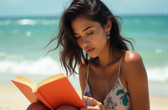 A woman sits on a beach reading a book with the ocean in the background.