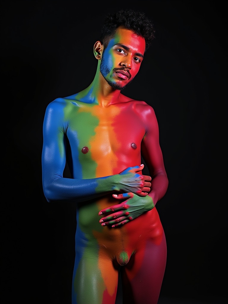 A person covered in vivid rainbow-colored body paint posing against a dark background. Body paint showcases a mix of colors in a creative expression. The subject stands confidently with hands positioned on the torso.