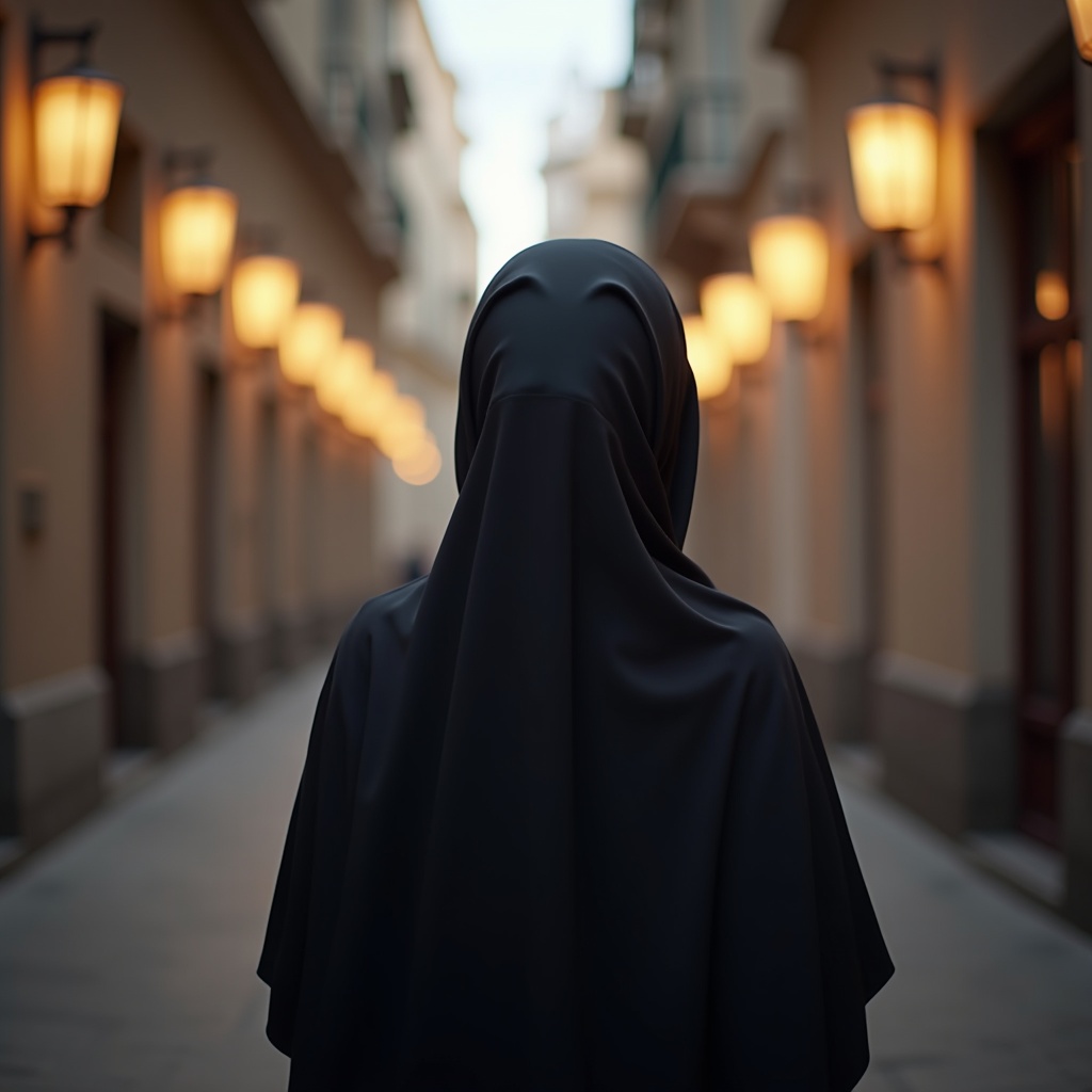 A person in a dark cloak walking down a street lined with glowing lanterns at dusk, creating a mysterious atmosphere, with a focus on the figure from behind