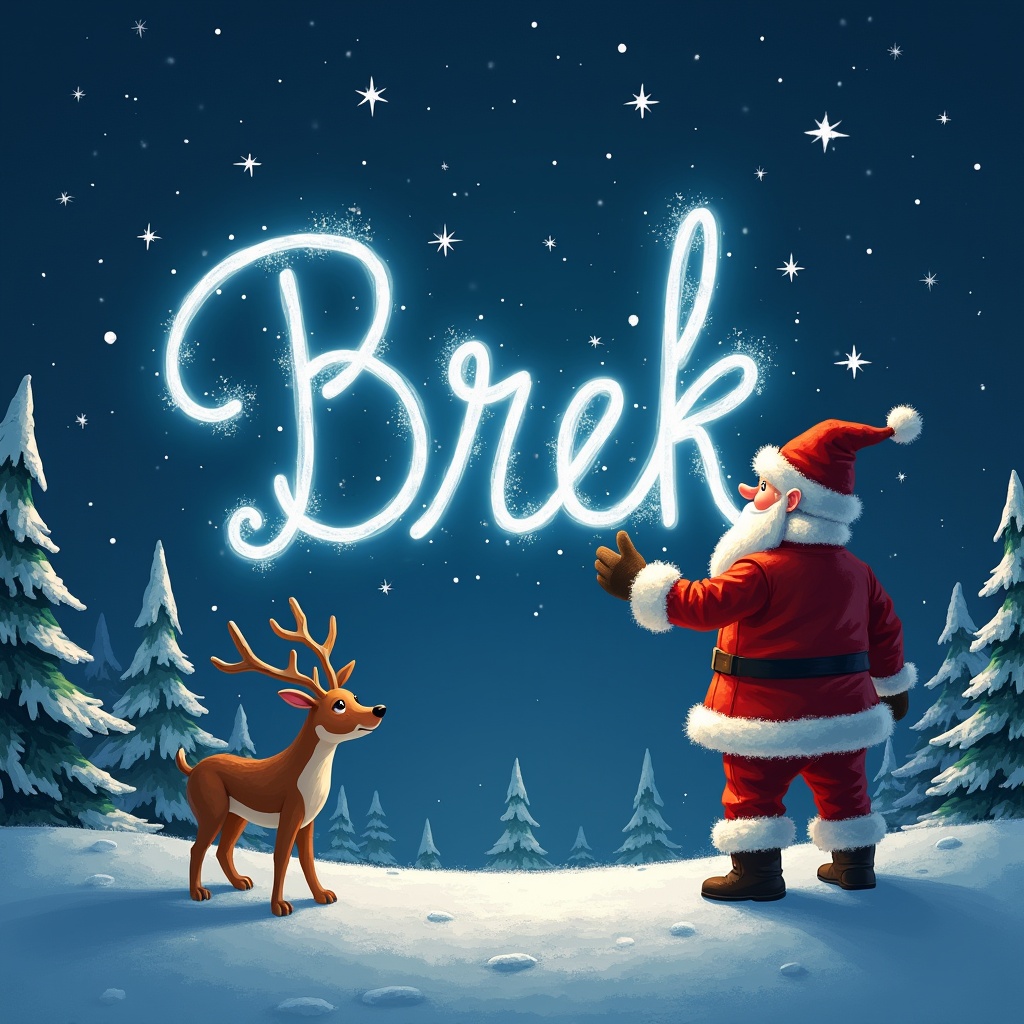 The image depicts Santa Claus joyfully writing the word 'Brek' in the night sky with sparkling magic. Stars twinkle brightly against a dark blue backdrop, creating a festive atmosphere. Beside him, a cheerful reindeer watches the enchanting spectacle. Snow-covered trees frame the scene, enhancing the winter wonderland feel. This artwork captures the magic of the holiday season, resonating with joy and wonder.