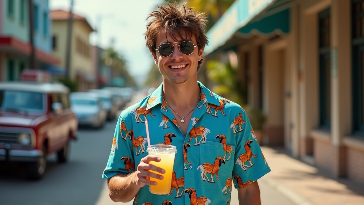 A young man in a vibrant shirt with a tropical pattern, holding a yellow drink and smiling, walking down a sunny street with a colorful vintage aesthetic.