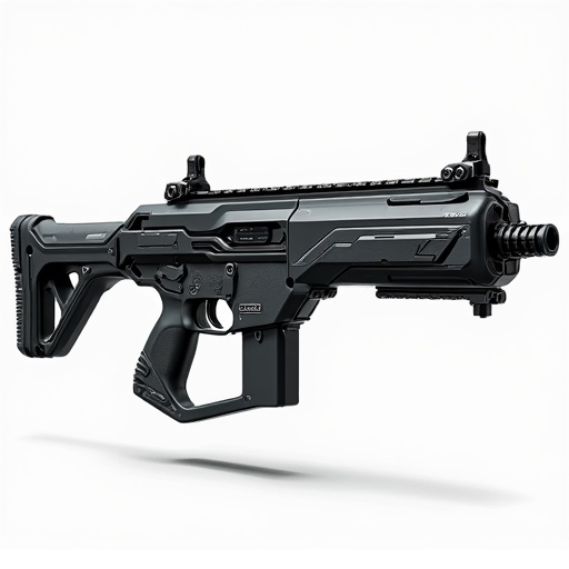 Futuristic weapon design with sharp edges. Combines elements from various firearms. Non-bullpup layout. Black and gray color scheme. Ergonomic and tactical. Ideal for collectors and enthusiasts.