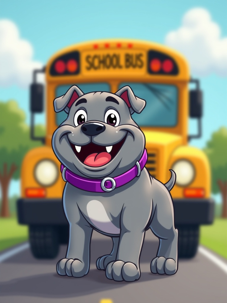 Gray bulldog cartoon character with purple collar stands happily in front of a school bus. Bright colors and cheerful atmosphere. Suitable for children’s content.