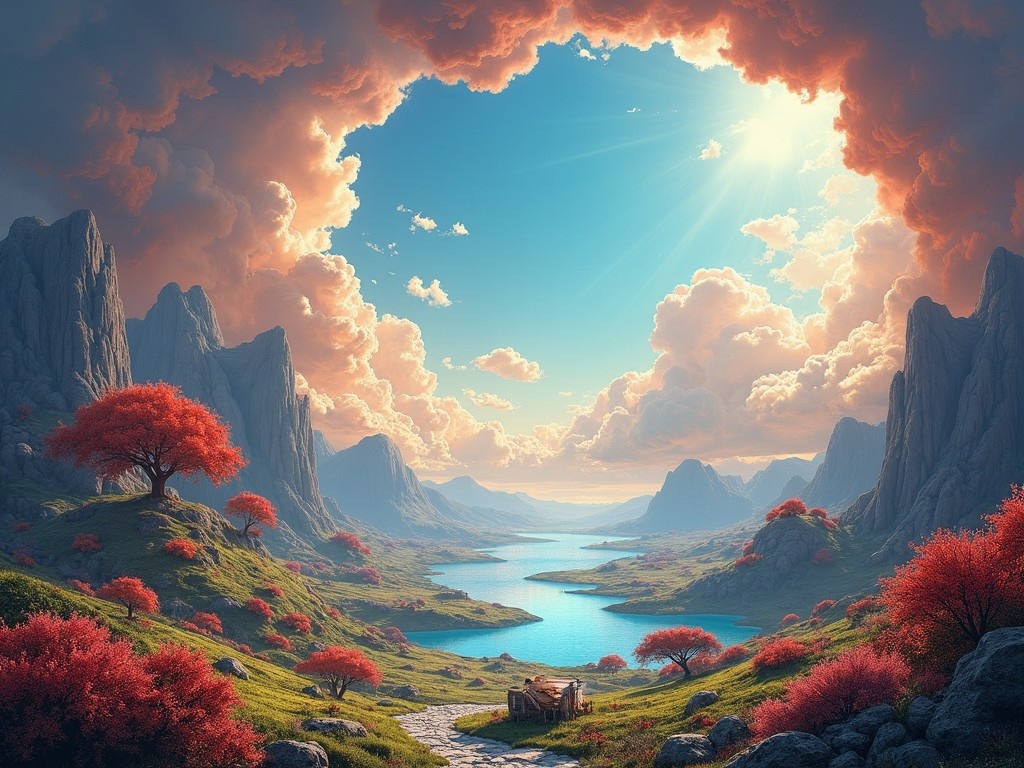 This image depicts a stunning landscape with vibrant trees and a serene river. The scene is framed by majestic mountains, creating a dreamlike atmosphere. Sunlight breaks through fluffy clouds, illuminating the entire area. The carefully arranged colors evoke a sense of calm and wonder. This artwork captures the essence of a surreal masterpiece, perfect for a windows background.