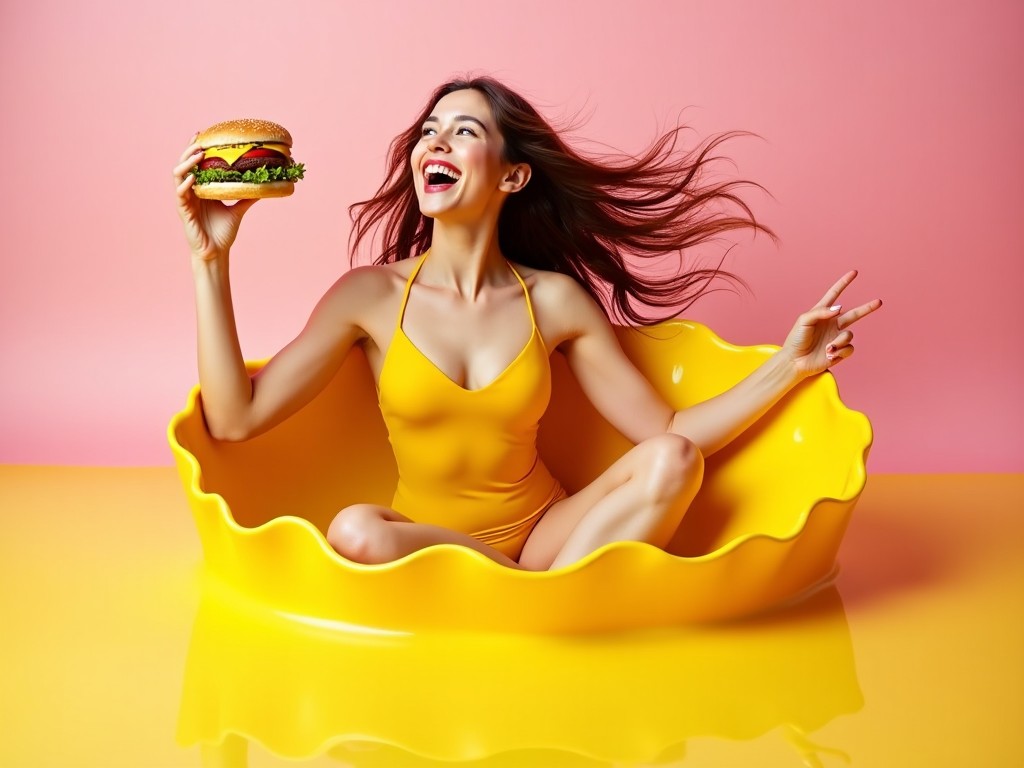 A cheerful woman is sitting in a large yellow shell-like bowl against a pink backdrop. She has long, flowing hair and is wearing a bright yellow swimsuit. In one hand, she holds a delicious-looking burger, and she flashes a peace sign with her other hand. The scene is bright and colorful, exuding a joyful and carefree vibe. The overall composition makes it feel like a fun summer day, combining food and fashion in an exciting way.