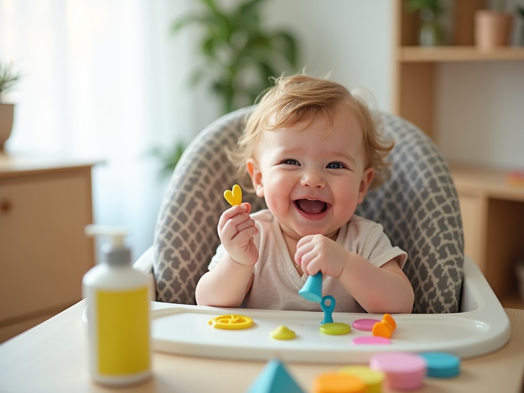 The image captures a happy baby seated in a high chair, delightfully engaging with colorful toys. The baby is laughing and appears cheerful, surrounded by bright and playful objects on the tray. The room is softly lit, enhancing the joyful and cozy atmosphere, with plants and shelves blurred in the background adding to the homely setting.