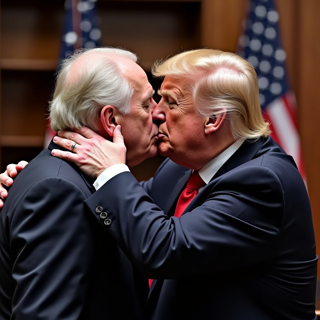 Image depicting a gesture of kissing between two political figures. The scene captures a close interaction between them with an emphasis on emotional expression.