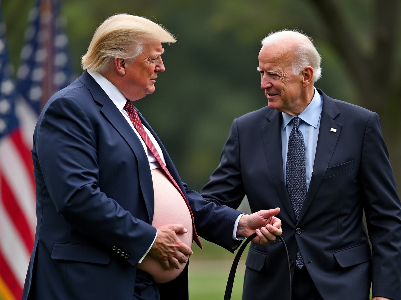 In a humorous moment, Donald Trump playfully showcases a baby bump, symbolizing a lighthearted take on political rivalry. Joe Biden stands nearby, holding a leash, which adds a playful dominance to the scene. The background hints at a political setting, possibly the White House lawn, with flags in view. The expressions on their faces suggest a mixture of surprise and amusement. This scene captures a fictional and comedic scenario involving two prominent political figures.