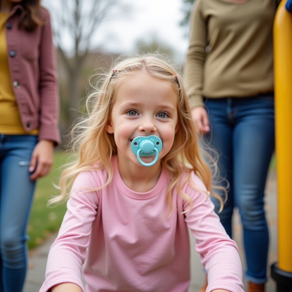 The image depicts a seven-year-old girl with long blonde hair and emerald green eyes at a playground. She is wearing a pink long-sleeve shirt and has a pacifier in her mouth. The girl is crouching and looking directly at the camera, projecting happiness and innocence. In the background, her parents are partially visible, creating a warm family atmosphere. The scene is bright and cheerful, set against a playground backdrop. The girl's shoes feature Velcro straps, emphasizing comfort for playtime. Overall, the image captures a joyful moment between a child and her parents, highlighting a playful day outdoors.