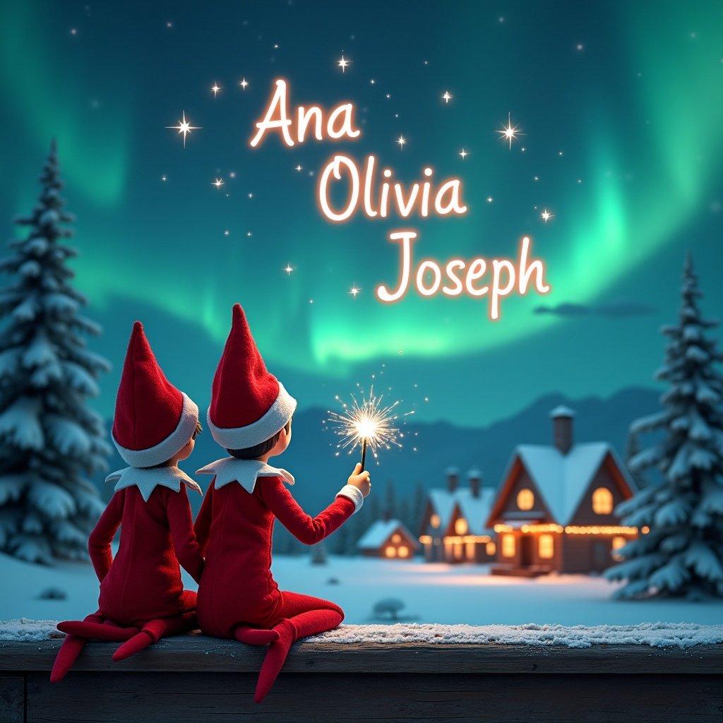 Two elves sit on a wooden ledge. They gaze at a magical sky. One elf holds a sparkling wand. The wand writes names in the starry sky. Background features snowy landscape, charming houses, evergreen trees, and Northern Lights. Scene captures childhood magic and Christmas cheer.