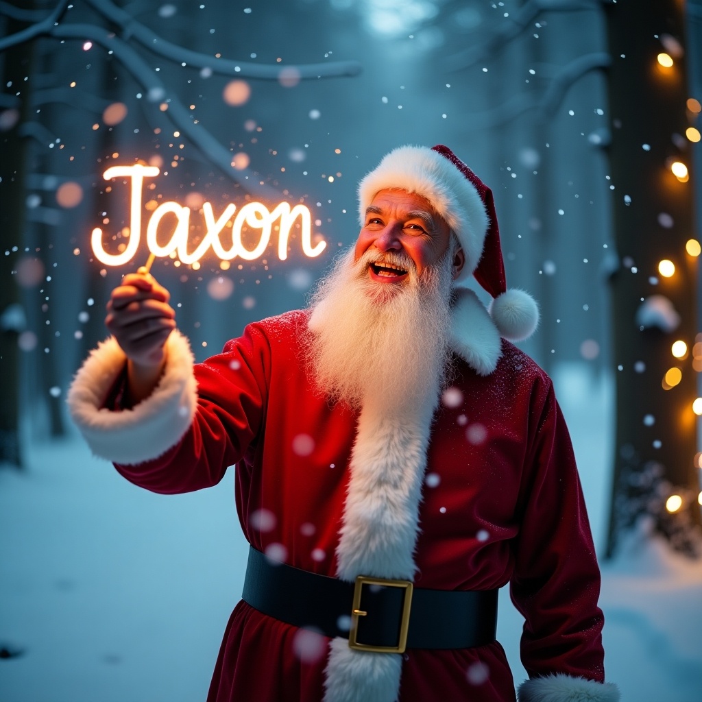 This enchanting image captures Santa Claus in a snowy forest during Christmas time. He is joyfully using a glow stick to write the name 'Jaxon' in the air. The scene is filled with soft falling snowflakes, creating a magical atmosphere. Warm lights from nearby trees add to the festive spirit, making the environment feel inviting and cheerful. Santa's outfit is traditional, featuring a bright red coat with white fur trim and a black belt. His joyful expression radiates holiday cheer, making this image perfect for Christmas celebrations.