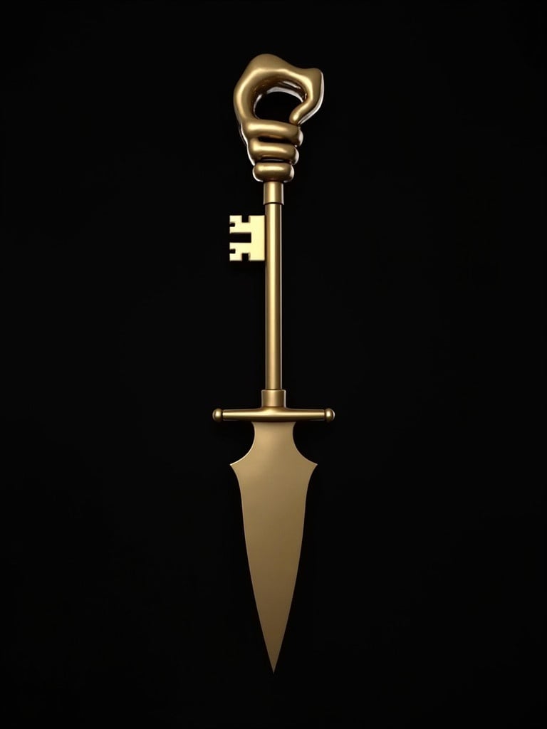 Hand in gold color grips a vertical bar. The top of the bar extends into a key shape. The bottom of the bar tapers into a blade form. Background is solid black.