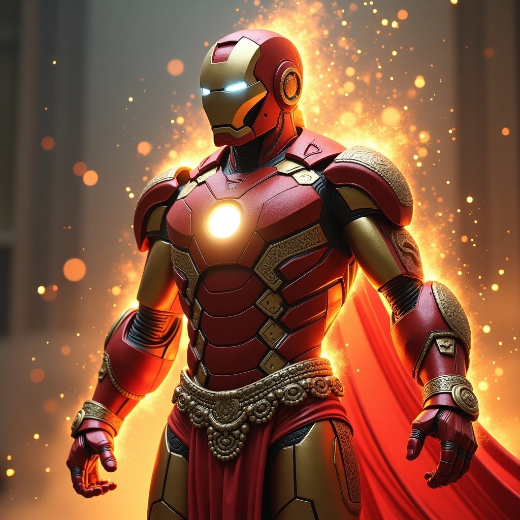 Lord Vishnu depicted in an Iron Man costume. The figure features intricate designs and glowing elements. A blend of modern superhero aesthetics with traditional motifs. Vibrant colors and cosmic energy effects enhance the character's presence.