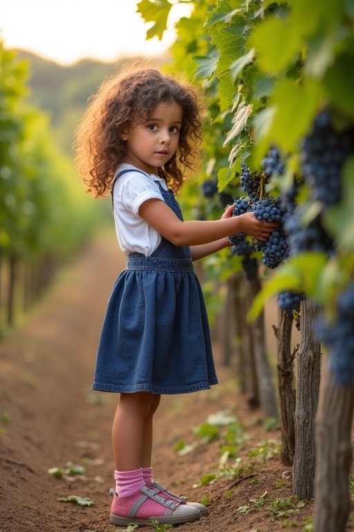 A girl stands next to a vine in a vineyard, checking the blue grapes. She is a winegrower and looks at the viewer. She wears a short white top with a blue skirt and pink ankle socks. Curly dark brown hair frames her face. Late summer sun bathes the green vineyard in a warm glow. DSLPhotography captures a charming rural moment.