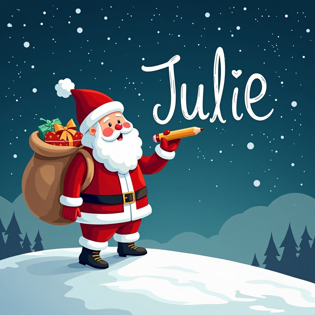 Santa Claus stands on snowy hill under starry night. He is writing names in the sky with a pencil. He is dressed in red and white. A large sack of gifts is on his back. The name 'Julie’ is displayed in a whimsical font.