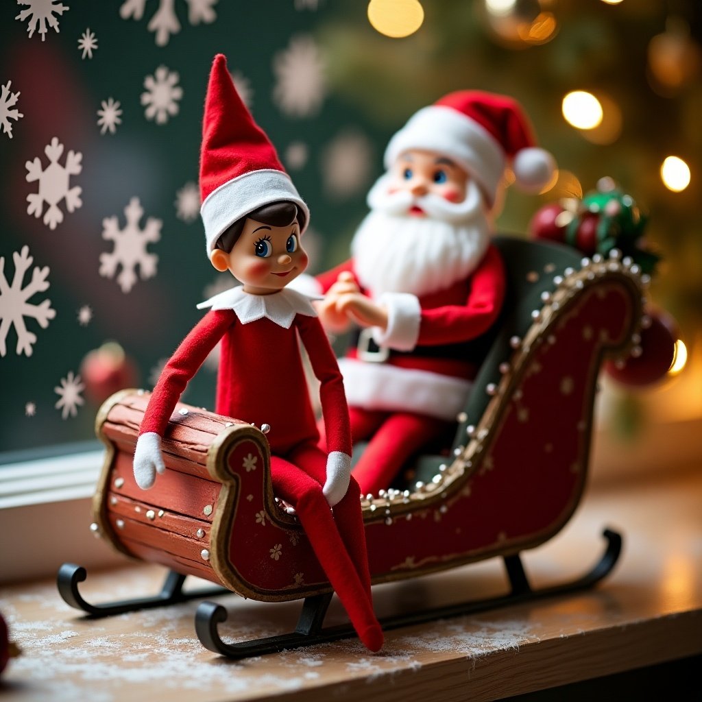 Elf sits in a decorative sleigh with Santa. Warm, festive atmosphere with holiday lights in the background.