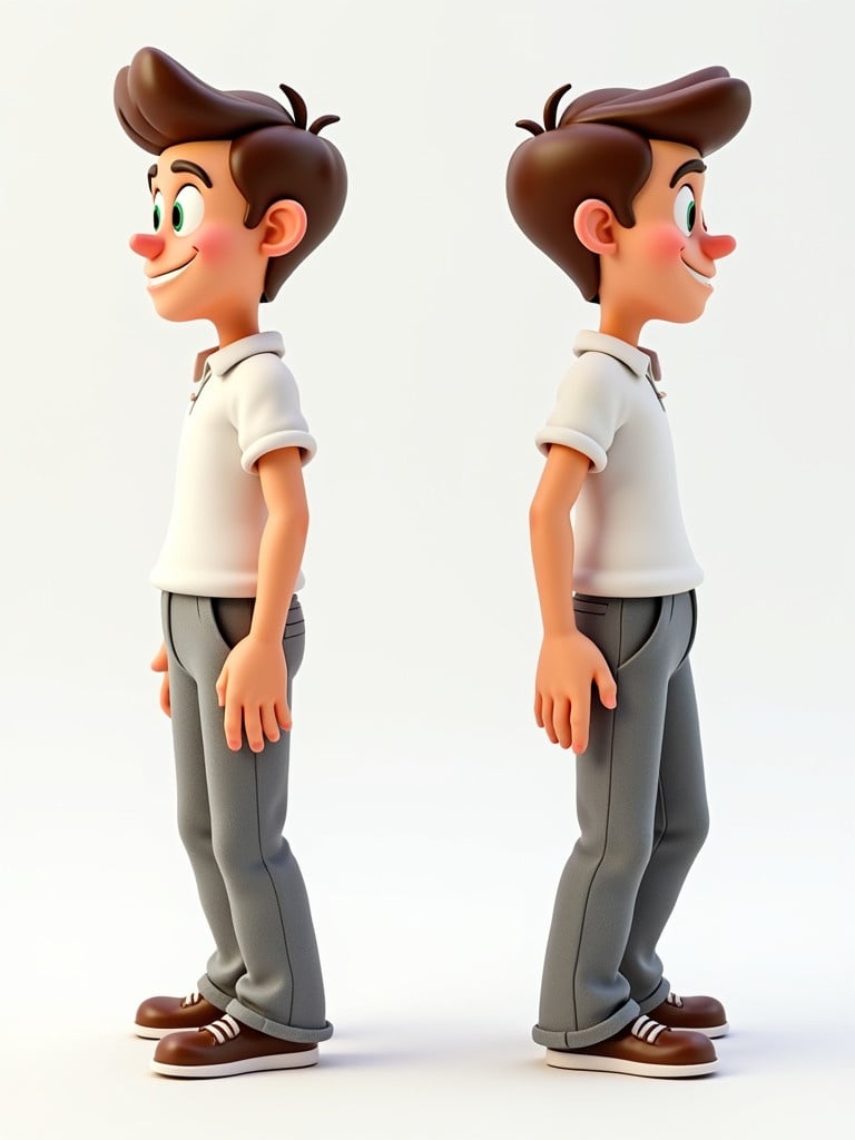 Stylized cartoon character in T-pose. Character is male with brown hair and green eyes. Wears a white shirt and gray linen pants. Appears mid 30s. Shows both front and side views. Full body representation.