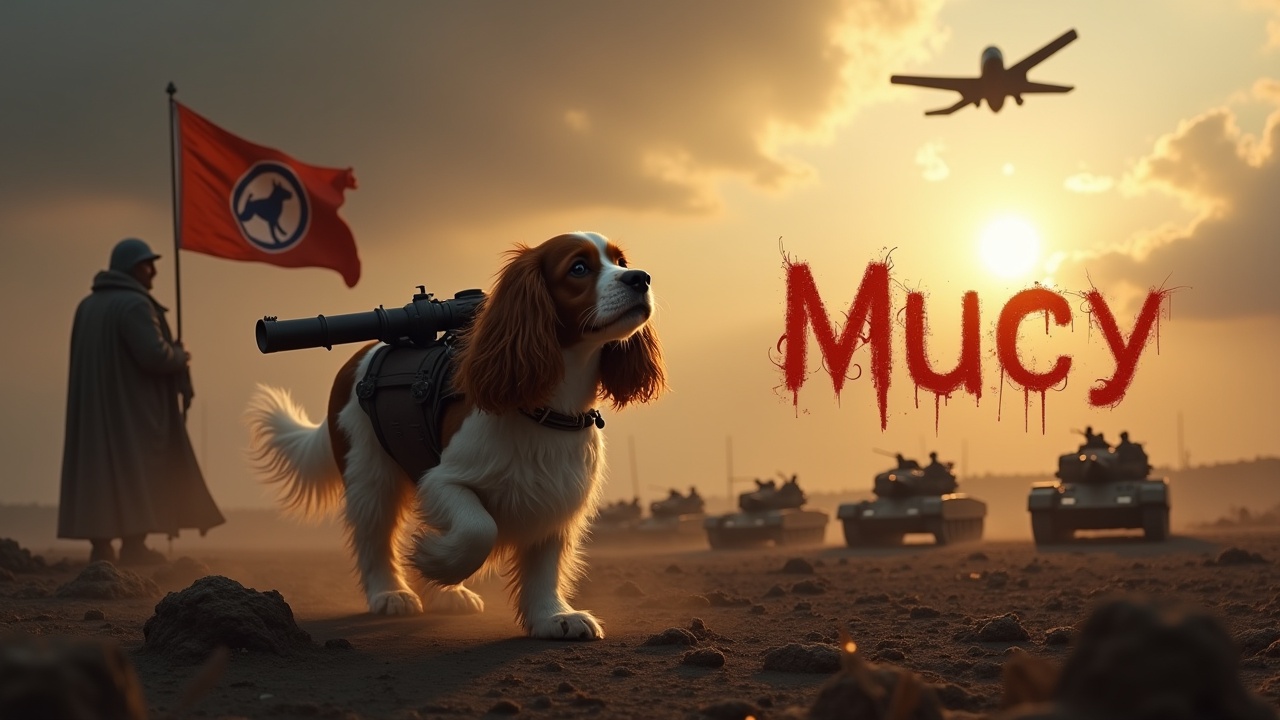 In a gloomy and dark setting, a fluffy brown and white cavalier king charles spaniel walks across a desolate battlefield. There is a howitzer strapped to its back. Nearby, a figure wearing a cloak stands valiantly holding a flag with a dog emblem. In the background are a multitude of small soldiers and tanks, barely visible among the shadows. The sky is lit by the bright radiance of the sun. A jet fighter passes overhead. We see the text 'Mucy' boldly displayed, in fiery writing.