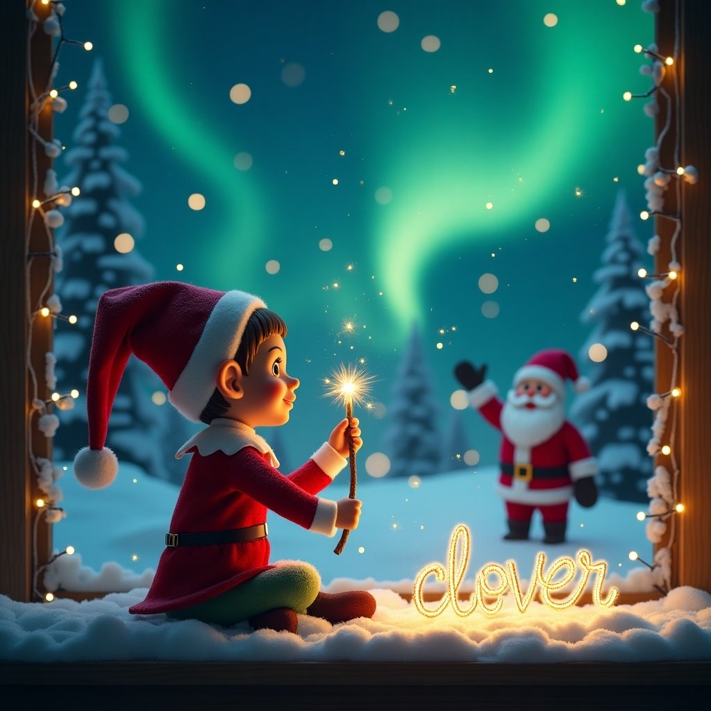 This image features an adorable girl elf on the shelf, seated with its back to the viewer, looking up at the enchanting night sky. The elf is using a magical wand to elegantly write the name 'clover' in the snow. Sparkles fill the air around the magical writing, creating an atmosphere of wonder. In the background, there is a whimsical Christmas scene adorned with northern lights and a cheerful Santa waving. The mood is festive and magical, perfect for the holiday season, inviting viewers into a world of Christmas joy.