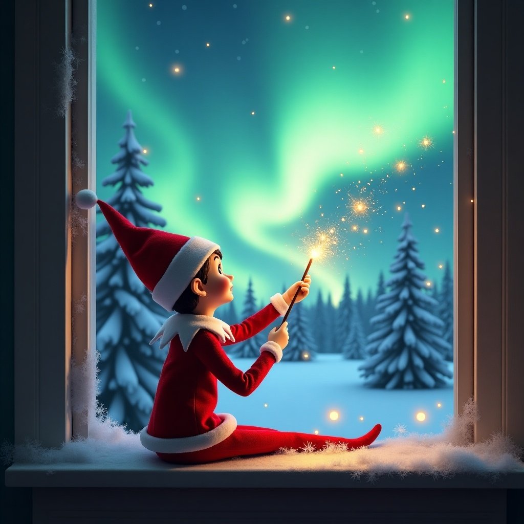 An elf sits on a window ledge creating magical sparks with a wand. The elf is looking at northern lights in a winter wonderland. The scene is festive with pine trees and snow. The elf wears a red Christmas outfit.