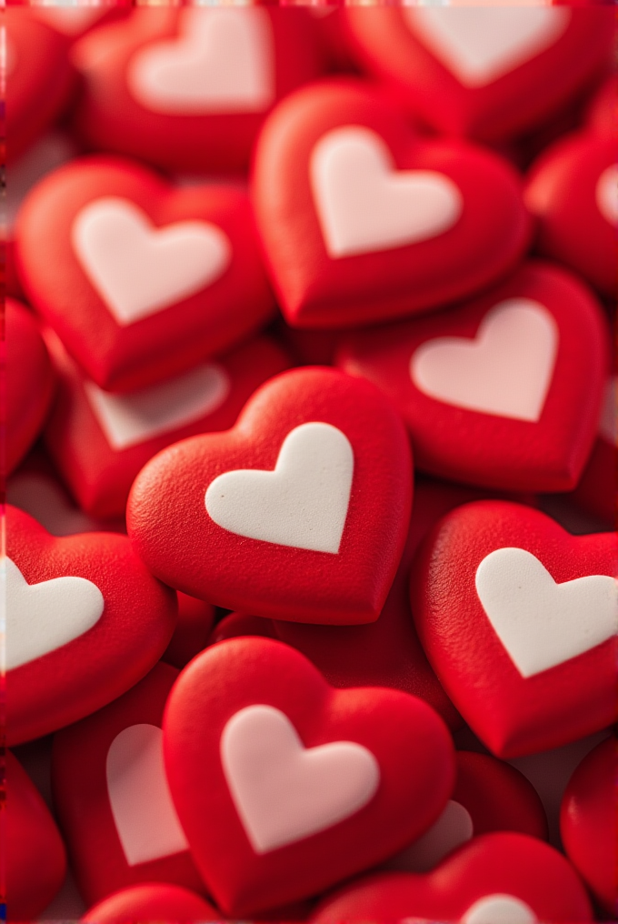 The image shows a pile of red candy hearts with white heart centers.