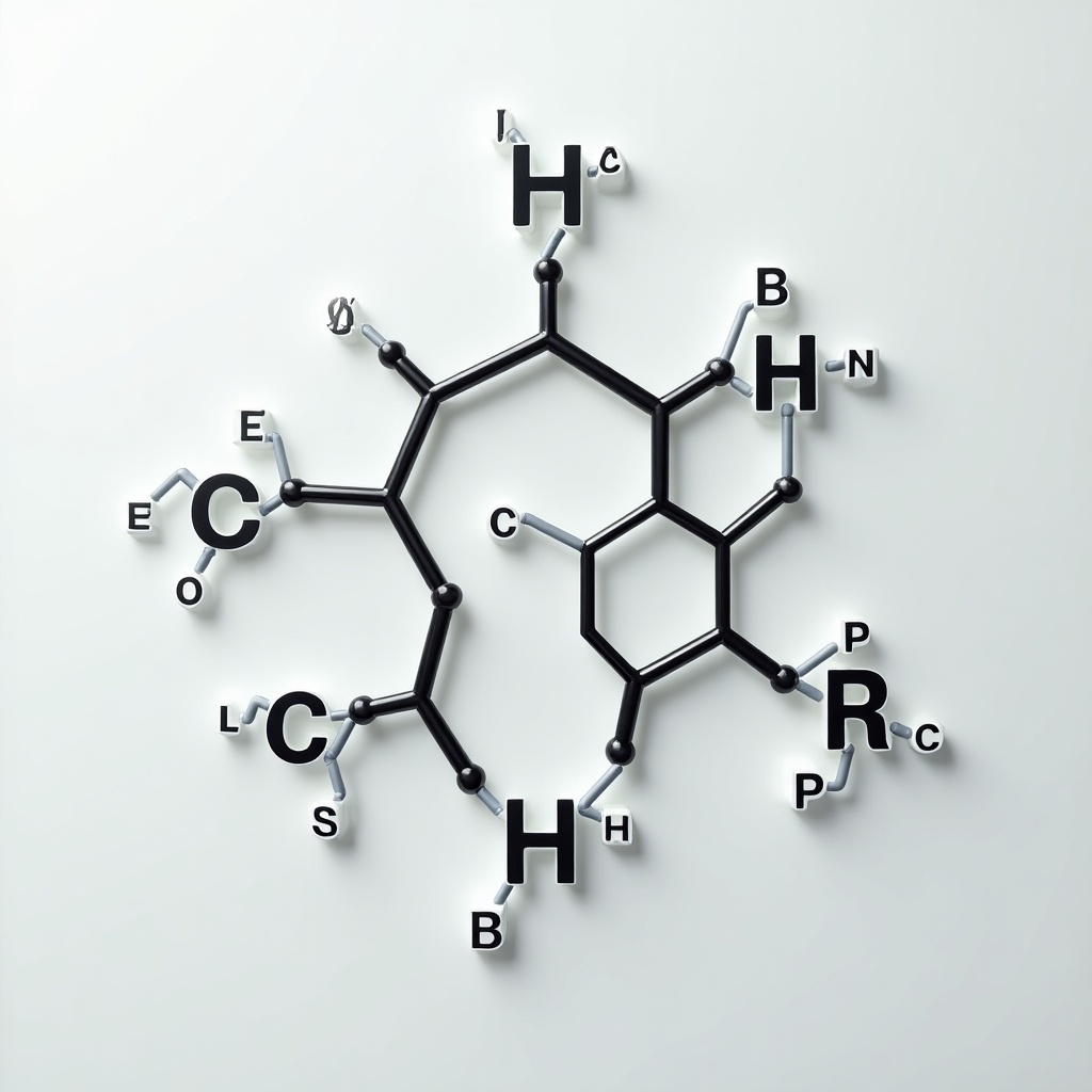 Dramatic depiction of the chemical structure of epoxy CY230. The image illustrates molecular connections with black and white representations of atoms and bonds. Focused view on the intricate design of the molecule.