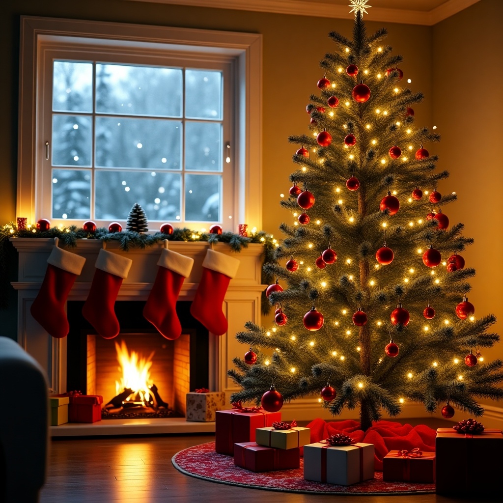 A cozy living room decorated for Christmas. In the corner stands a beautifully lit Christmas tree adorned with sparkling ornaments and glowing lights. Beneath the tree, there are colorful wrapped gifts. In the background, a warm fireplace crackles, surrounded by festive decorations including hanging stockings. Bright winter light filters in through a window, revealing a snowy landscape outside. The overall atmosphere is warm and inviting, perfect for cozy family gatherings during the holiday season.