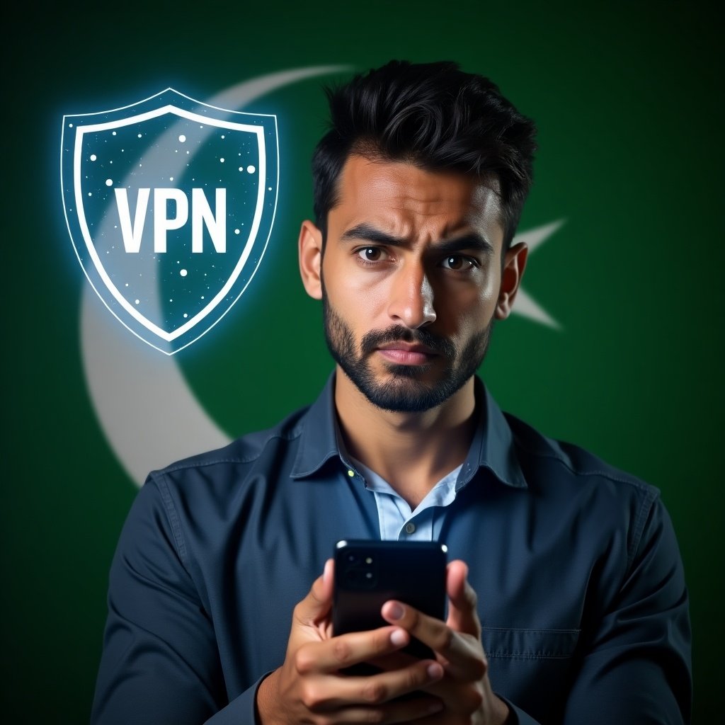 A young man looks distressed while holding his smartphone, showcasing concerns about security. In the background, the Pakistani flag is prominent, adding a cultural context. A VPN shield graphic appears next to him, symbolizing online protection. The lighting is dramatic, emphasizing the man's worried expression. This image highlights the importance of cybersecurity in an increasingly digital world.