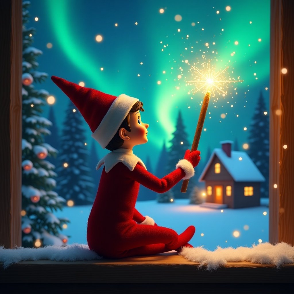 An elf on the shelf sits facing away from the viewer with a glowing wand in a snowy landscape. Colorful northern lights illuminate the sky above a cozy house. The elf personifies the magic of Christmas with the names Kiera and Tiera appearing from the wand.