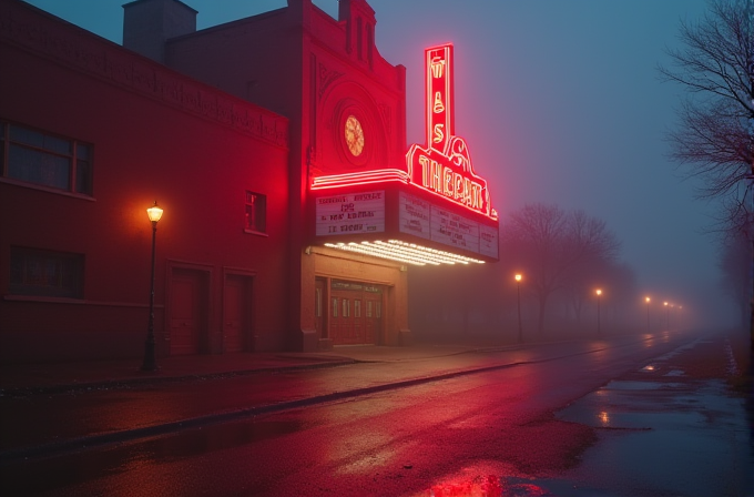 A vintage theater emits a warm, red neon glow on a foggy, deserted street at night.