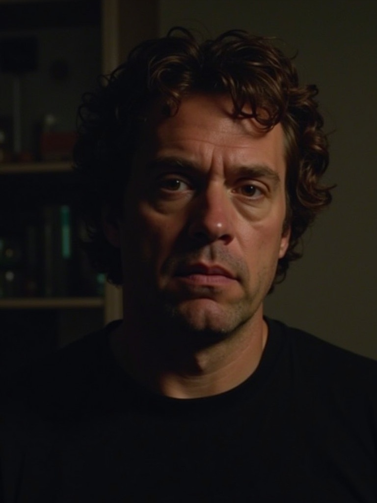 A man with curly hair and a serious expression looks directly at the camera in a dimly lit setting.