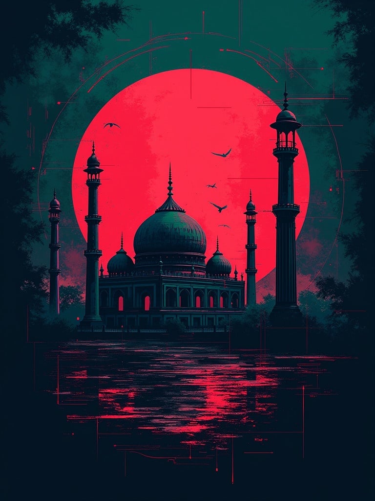 Reimagined Bangladeshi flag in a cyberpunk style. Neon colors used prominently. Geometric shapes and glitch effects incorporated. Iconic elements of Bangladesh, like the mosque and river depicted in abstract form.