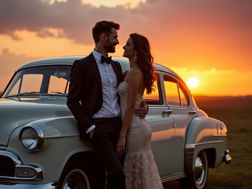 A classy man and woman are leaning on a vintage car during sunset. The scene captures a romantic moment between the couple, who are dressed elegantly. The backdrop features a stunning sunset with vibrant colors filling the sky. The vintage car adds a nostalgic touch to the image. The photograph emphasizes the connection between the couple as they enjoy the beauty of the moment together.