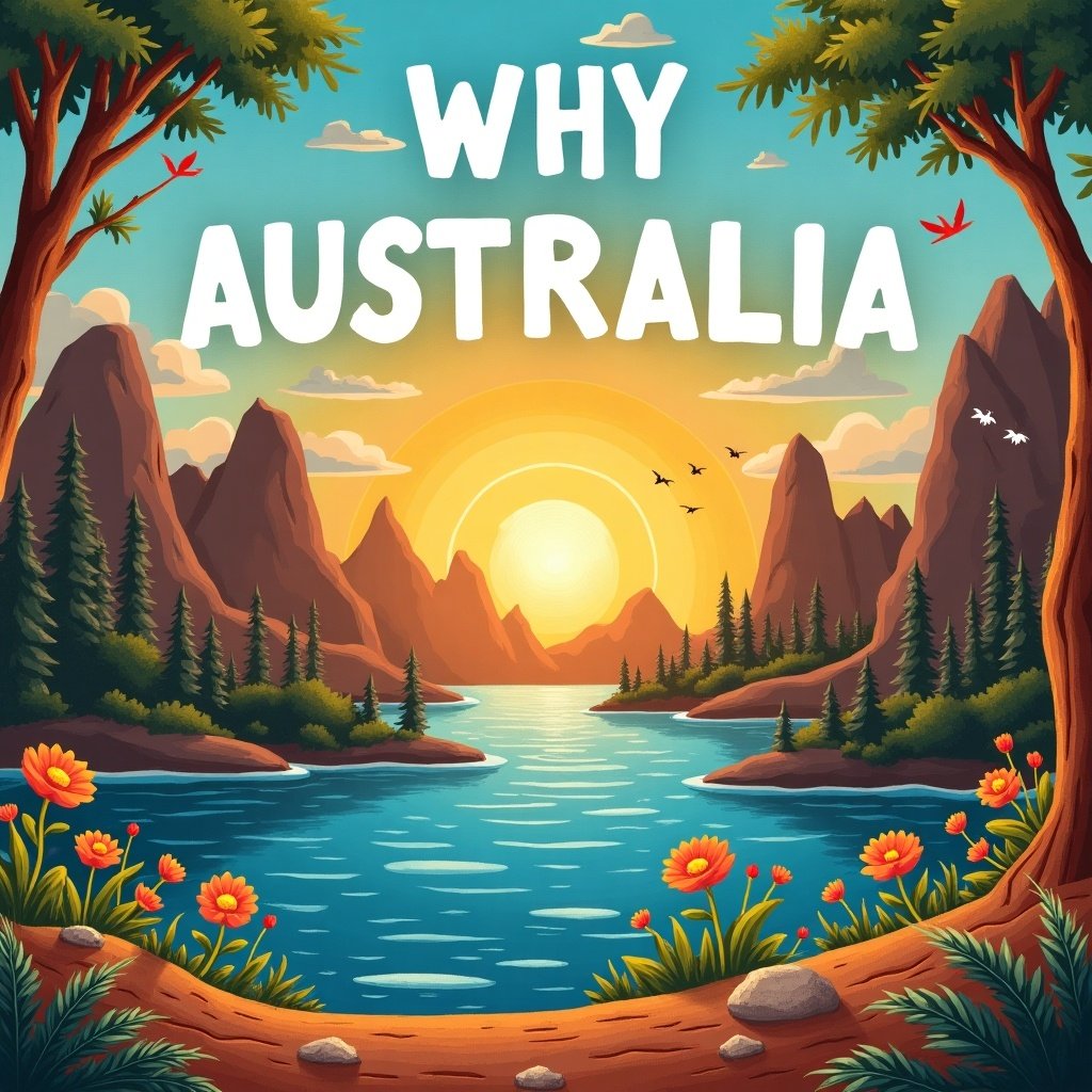 Vibrant landscape featuring a sunset over a river surrounded by mountains and trees. Colorful flowers in the foreground with bold text that says 'Why Australia.'