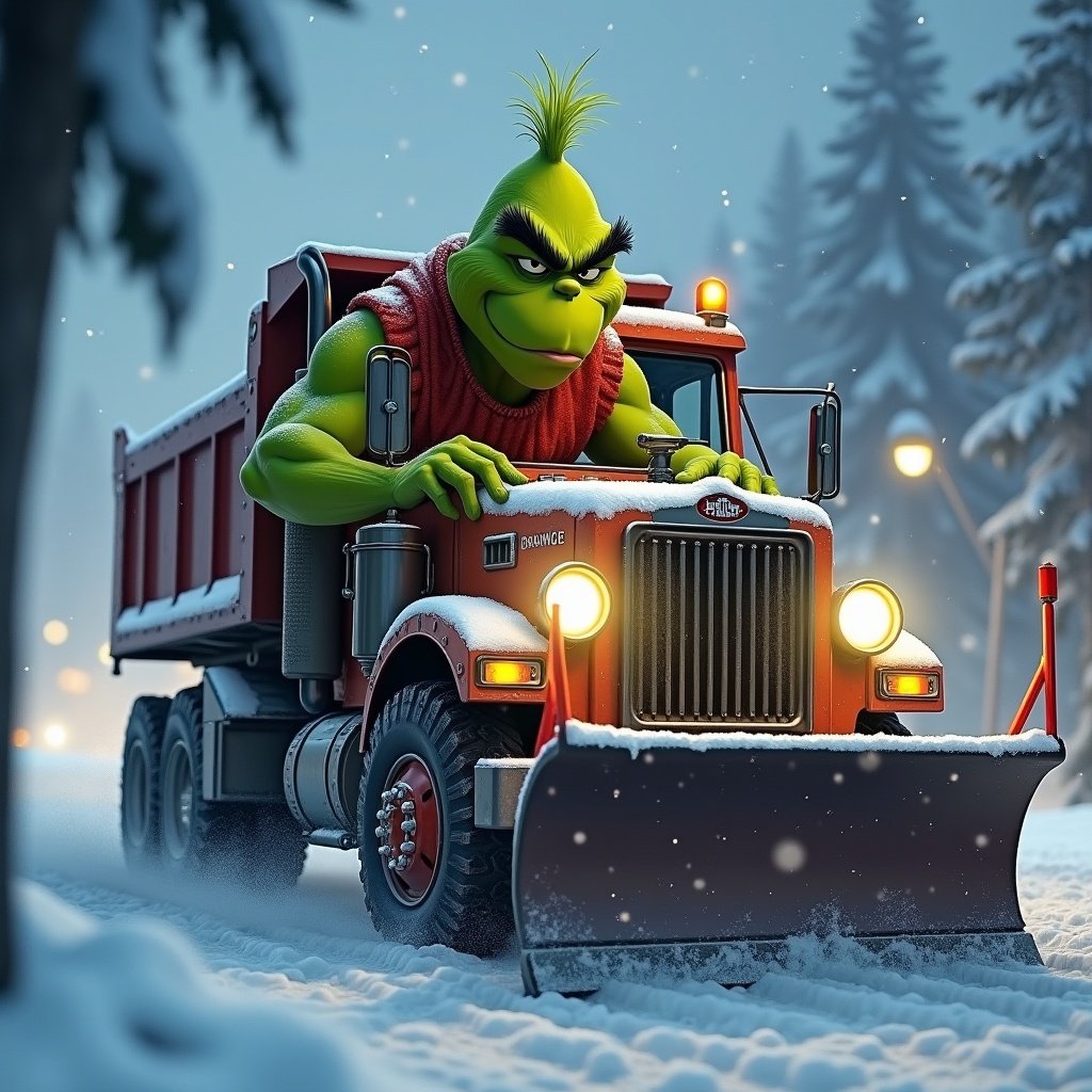 Grinch character driving a snow plow truck in a snowy environment. Focus on muscles and tough appearance. Snowstorm background adds intensity.