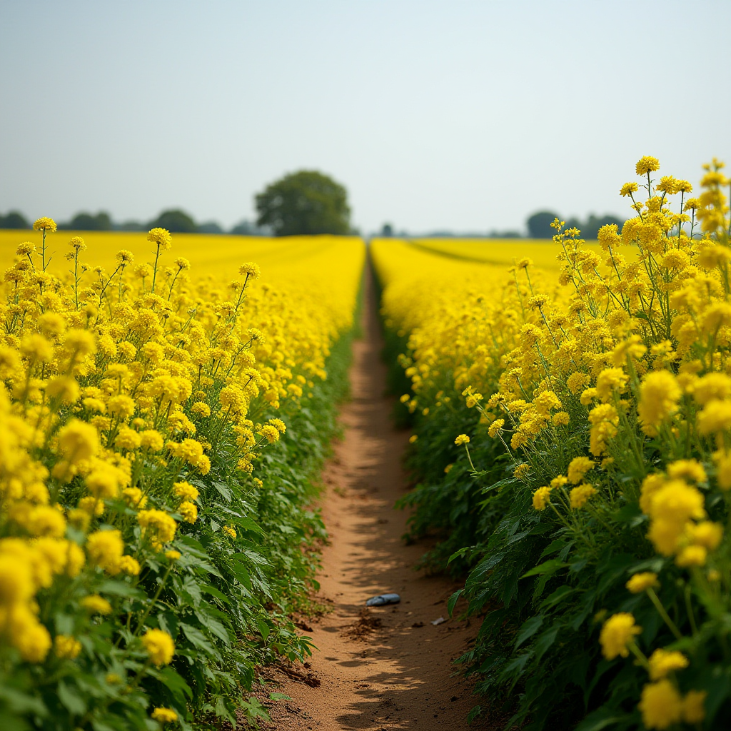 A dirt path runs between vibrant yellow flowers in a large field.