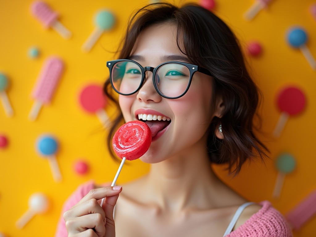 This vibrant image features a young woman joyfully enjoying a red lollipop against a playful backdrop of colorful ice creams and lollipops. The bright orange background and her pink attire enhance the cheerful atmosphere. Her large, round glasses and delighted expression add a touch of whimsy.